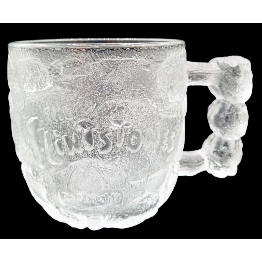 McDonalds Flintstones Rocky Road Mug w Handle Frosted Glass Vintage 1993 3 Inch
